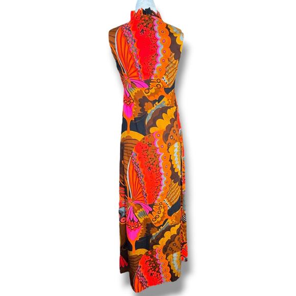 Vintage 60s Liberty House Lilia Butterfly Print Psychedelic Orange Maxi Dress XS - Picture 6 of 11